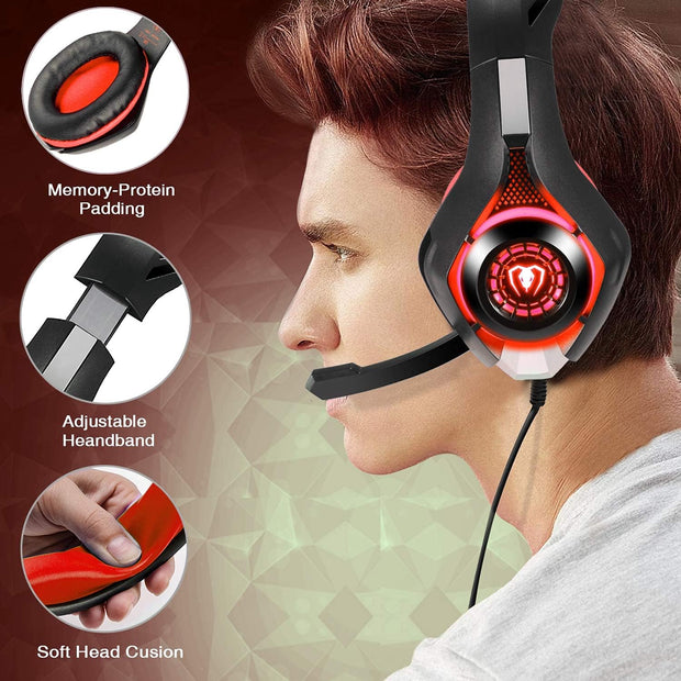 Gaming Headphones PS4, Gaming Headset with 3.5Mm LED Jack and Soundproofed Microphone, Bass Stereo Audio Surround Gaming Headset for Xbox One/Xbox One S/Nintendo Switch/Pc/Laptop Red