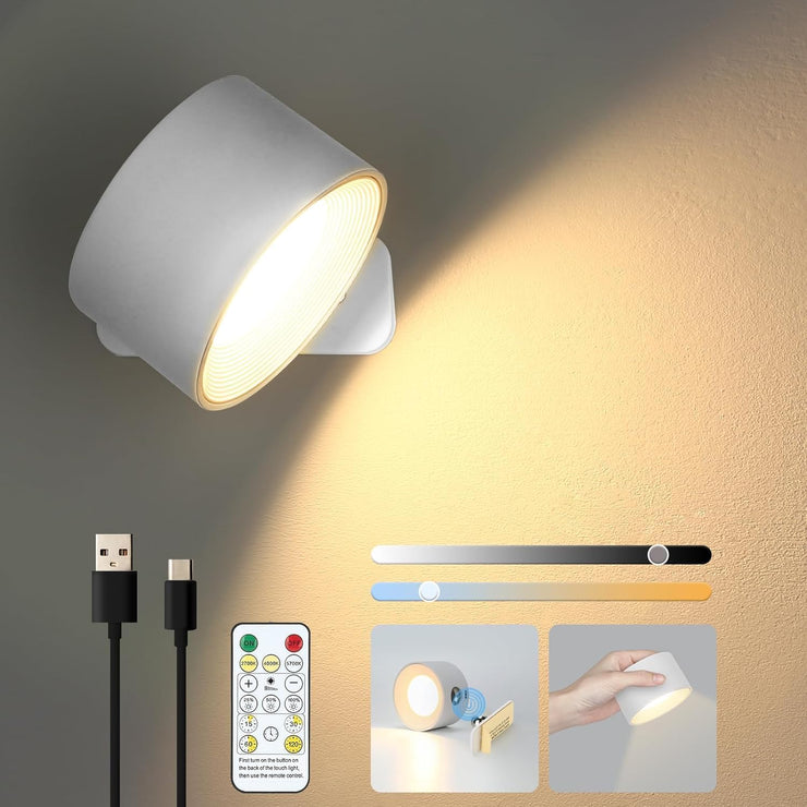 Lightess Rechargeable LED Wall Light Battery Powered Wall Sconce Touch Dimmable Wall Lamp 360° Rotation, Indoor Wall Light Remote Control Wall Spotlight 3 Color Modes for Bedroom, Living Room, White