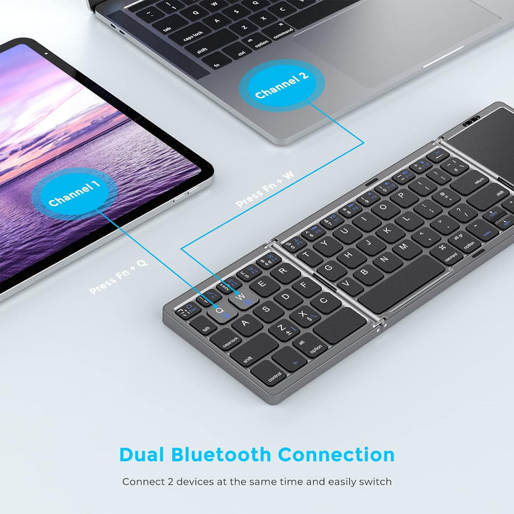 Foldable Bluetooth Keyboard with Upgraded Large Touchpad, Rechargeable Keyboard UK Layout Mini Keyboard for IOS Android Windows PC Tablet Smartphone (Leather Version)