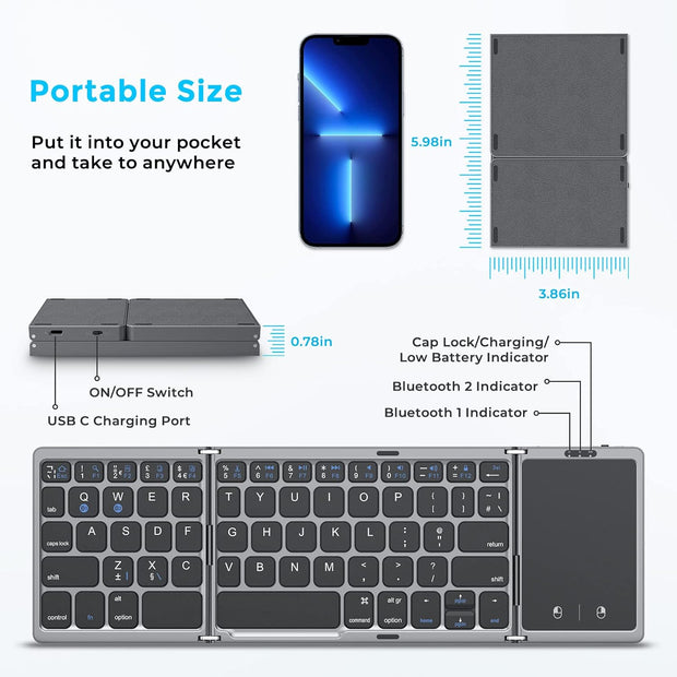 Foldable Bluetooth Keyboard with Upgraded Large Touchpad, Rechargeable Keyboard UK Layout Mini Keyboard for IOS Android Windows PC Tablet Smartphone (Leather Version)