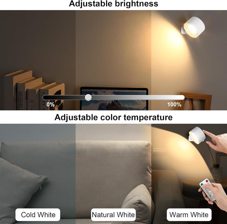 Lightess Rechargeable LED Wall Light Battery Powered Wall Sconce Touch Dimmable Wall Lamp 360° Rotation, Indoor Wall Light Remote Control Wall Spotlight 3 Color Modes for Bedroom, Living Room, White