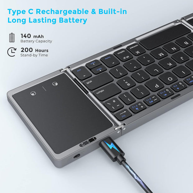 Foldable Bluetooth Keyboard with Upgraded Large Touchpad, Rechargeable Keyboard UK Layout Mini Keyboard for IOS Android Windows PC Tablet Smartphone (Leather Version)