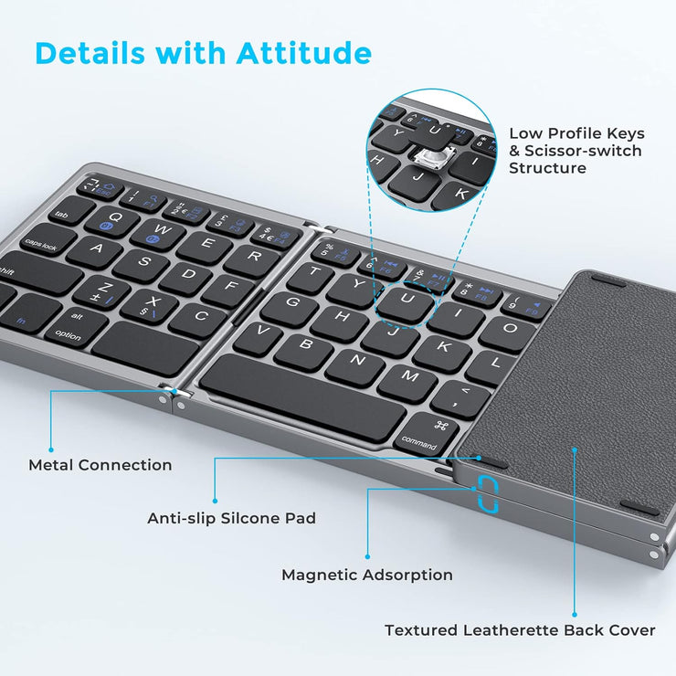 Foldable Bluetooth Keyboard with Upgraded Large Touchpad, Rechargeable Keyboard UK Layout Mini Keyboard for IOS Android Windows PC Tablet Smartphone (Leather Version)