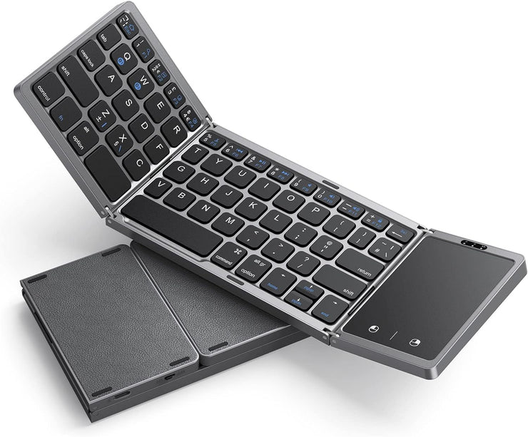 Foldable Bluetooth Keyboard with Upgraded Large Touchpad, Rechargeable Keyboard UK Layout Mini Keyboard for IOS Android Windows PC Tablet Smartphone (Leather Version)