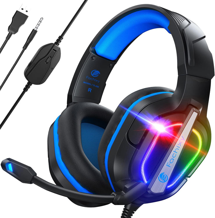 「2024 New」Fc200 Gaming Headset for Ps4/Ps5/Pc/Xbox/Nintendo Switch, PS4 Headset with Microphone, 3.5Mm Gaming Headphones with RGB Light