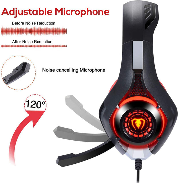 Gaming Headphones PS4, Gaming Headset with 3.5Mm LED Jack and Soundproofed Microphone, Bass Stereo Audio Surround Gaming Headset for Xbox One/Xbox One S/Nintendo Switch/Pc/Laptop Red